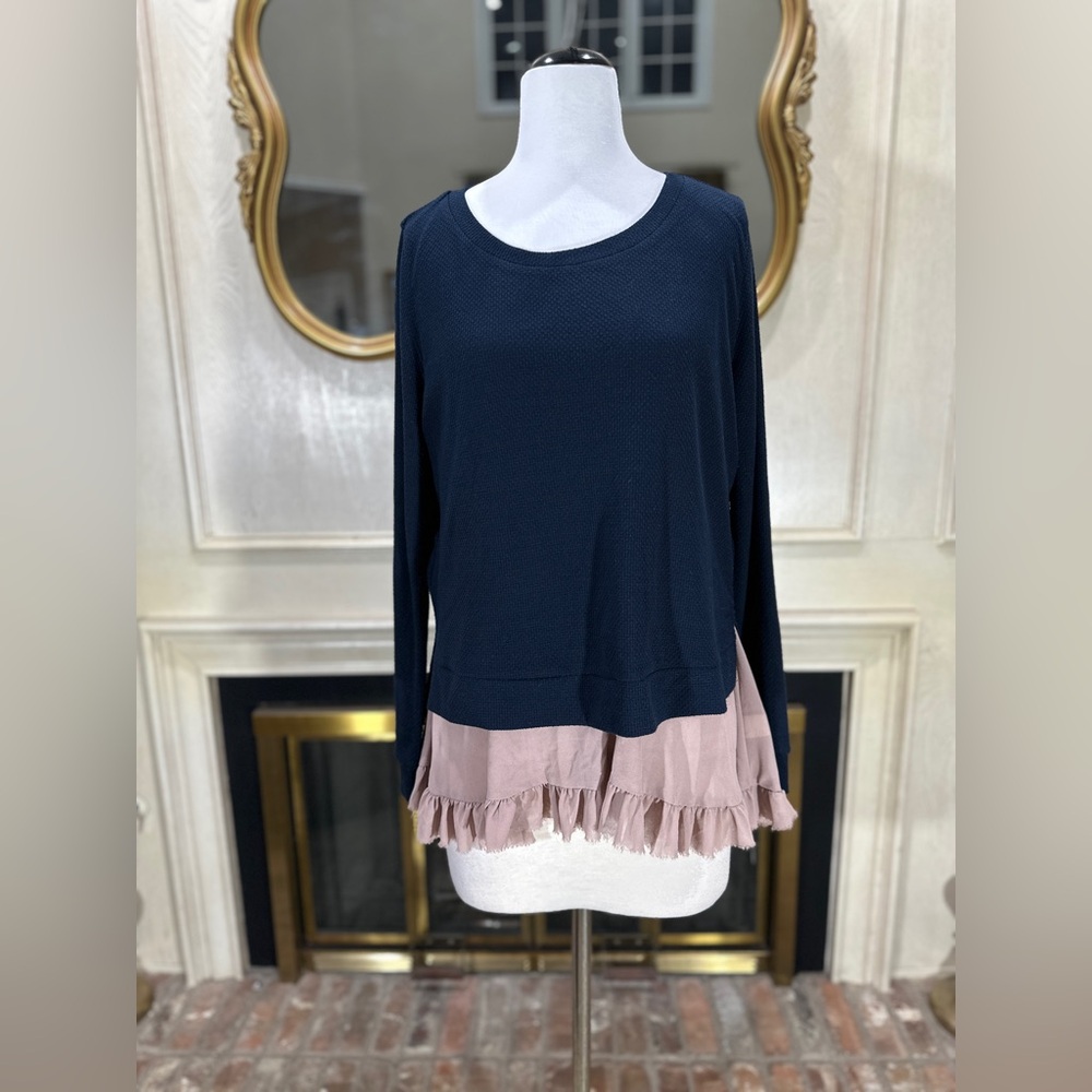 Comme‎ Tol Navy Pink Ruffle Hem Knit Top Size L Layered Look Stretch Tee